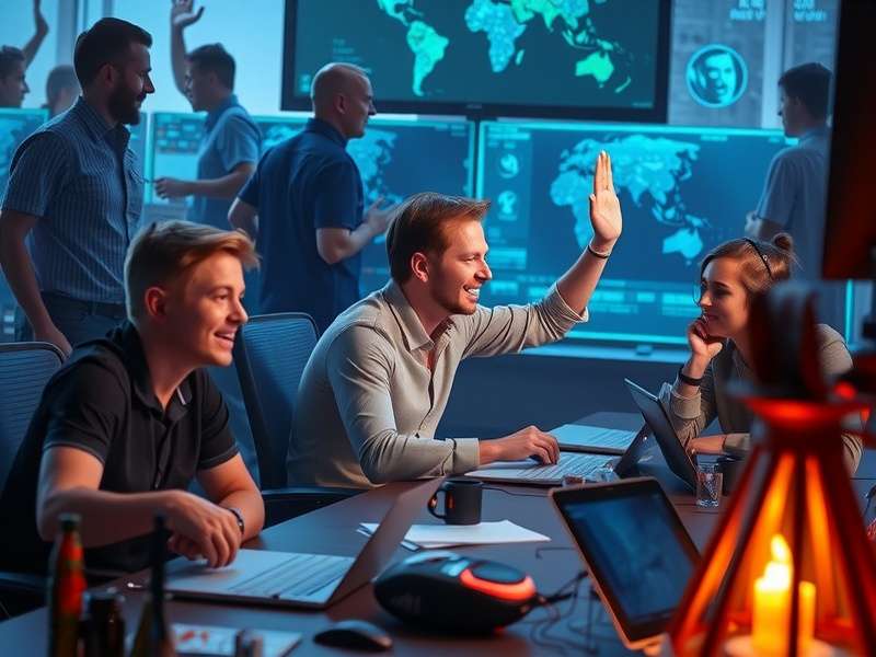 A vibrant UK League of Legends LAN tournament in progress, showing focused players and large spectator screens