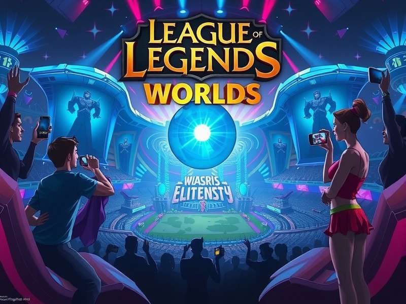 Artistic render of the League of Legends Worlds 2025 Finals stage at London's O2 Arena