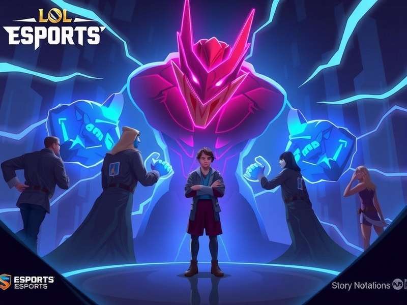 League of Legends esports arena with dramatic lighting and巨大 screen displaying Summoner's Rift