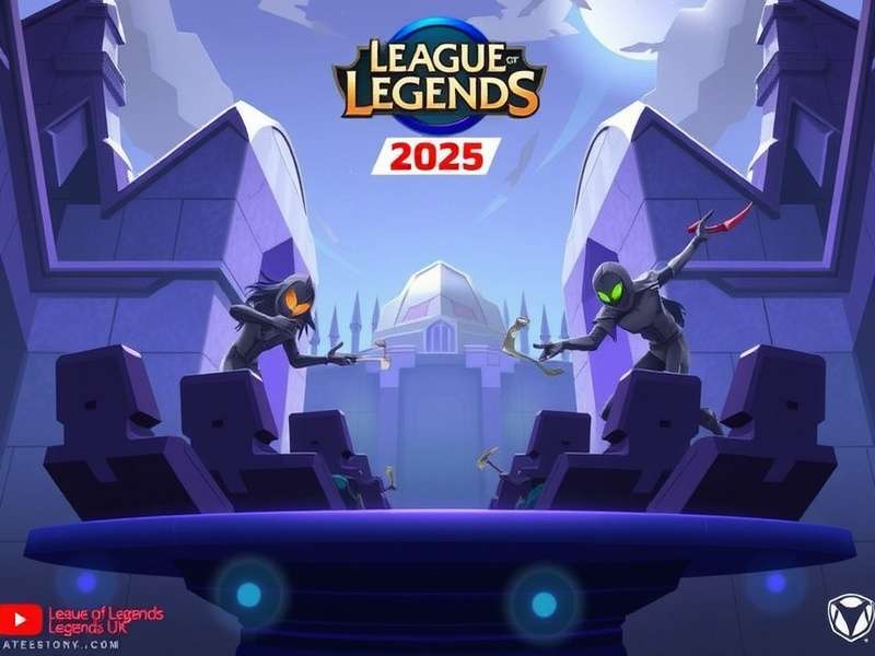 League Of Legends Worlds 2025 Finals stage at The O2 Arena in London, illuminated with blue and gold lights