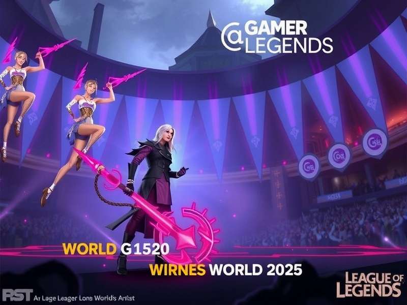 League of Legends Worlds 2025 championship trophy on stage with dramatic lighting